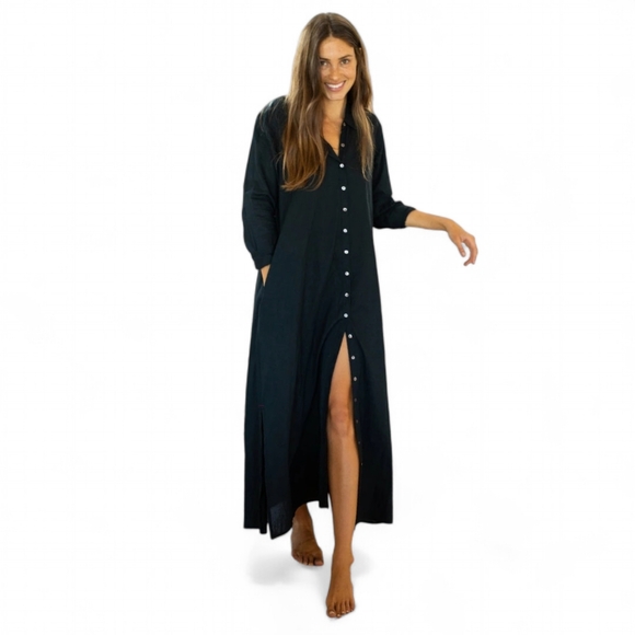 NATURAL LIFE Dresses & Skirts - Natural Life Drew 100% Cotton Button Down Duster Maxi Shirt Dress Black L / XL